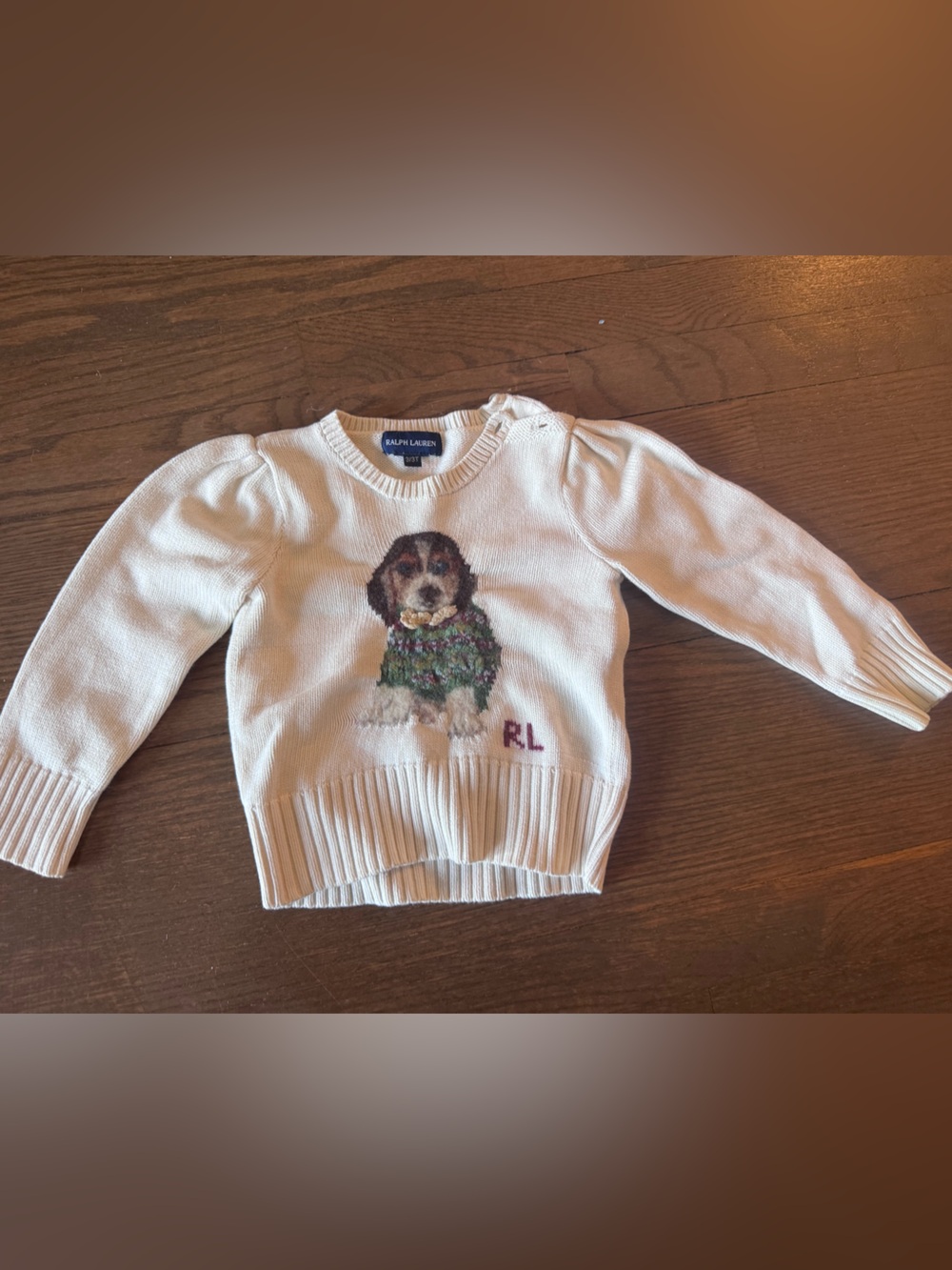 Ralph Lauren Cream Knit Sweater with Embroidered Puppy